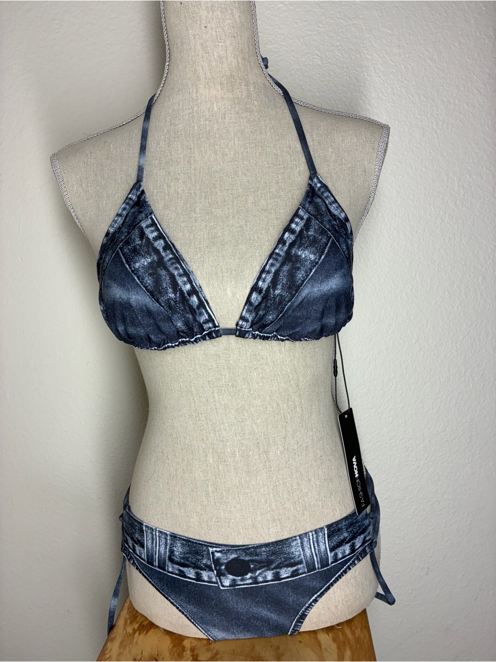 NWT Fashion Nova Denim-Print Navy Triangle Bikini Set, size Small